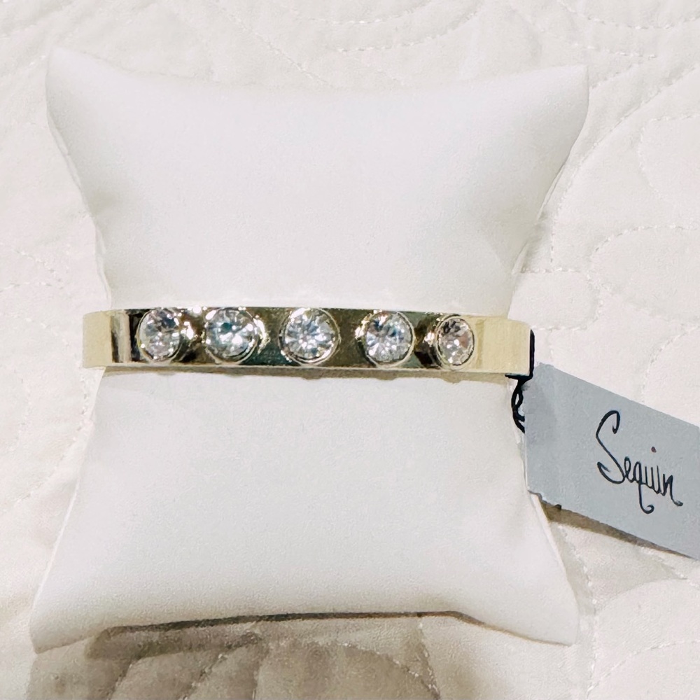 Sequin Gold Tone 5 Rhinestone Hinged Bangle NWT Quality Plating
